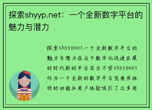 探索shyyp.net：一个全新数字平台的魅力与潜力